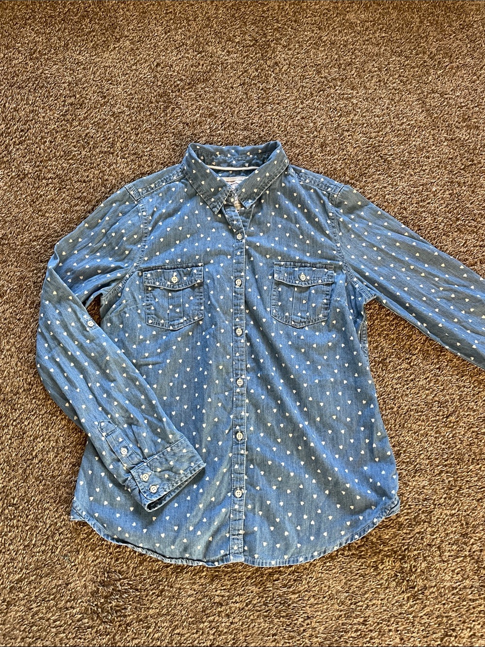 100% Cotton Denim Button-Up Shirt with White Heart Print